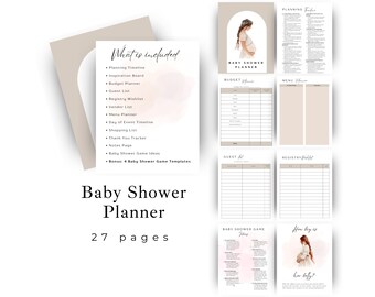May include: A printable baby shower planner with 27 pages. The planner includes a budget, guest list, registry, menu, and planning tips. The planner also includes a baby shower game template.