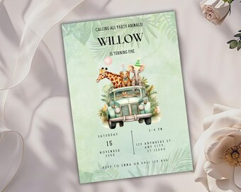 May include: A green and white invitation card with a jungle theme. The card features a cartoon illustration of a giraffe, a lion, and an elephant riding in a vintage green truck. The text on the card reads "Calling all party animals! Willow is turning five. Saturday, November 15, 20XX, 2-4 PM, 123 Anywhere St, Any City, ST 12345, RSVP to Emma on 341 123 456".