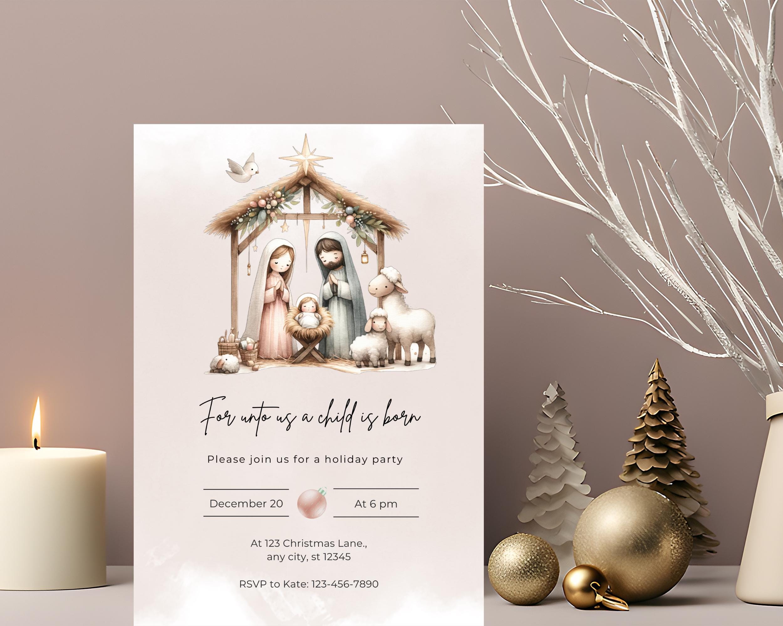 Editable Christian Nativity Holiday Party Invitation Watercolor X'mas ...