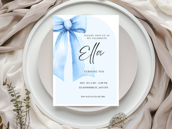 Editable bow birthday invite blue watercolor ribbon invitation coquette bow birthday printable girl bow ribbon invite template teen party