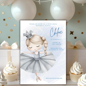 Editable Blue and Grey Ballerina Birthday Invite Tutu Party Invite  Princess Ballet Birthday  Watercolor Girl's Birthday Template