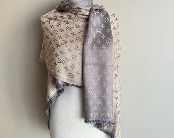 Vintage Lv Monogram Silk Scarf , Lv Silk Muffler, Vintage  Gray & Beige Scarf, Lv Foulard Scarf, Women Scarf Gift for Her!