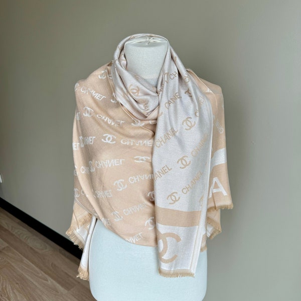 Vintage Chanel Monogram Silk Scarf , Chanel Silk Muffler, Vintage Beige Scarf, Chanel Foulard Scarf, Women Scarf Gift for Her!