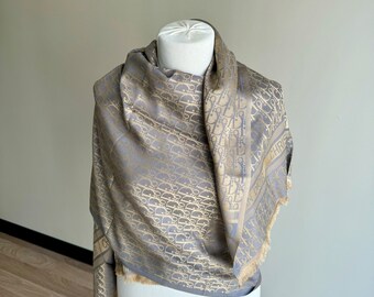 Vintage Dior Monogram Silk Scarf , Dior Silk Muffler, Vintage  Gray & Gold Scarf, Dior Foulard Scarf, Dior Scarf Gift for Her!