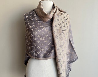 Vintage Lv Monogram Silk Scarf , Lv Silk Muffler, Vintage  Gray & Beige Scarf, Lv Foulard Scarf, Lv Scarf Gift for Her!