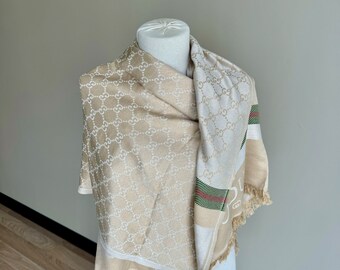 Vintage Gucci Monogram Silk Scarf , Gucci Silk Muffler, Vintage  Beige Scarf, Gucci Foulard Scarf, Gucci Scarf Gift for Her!