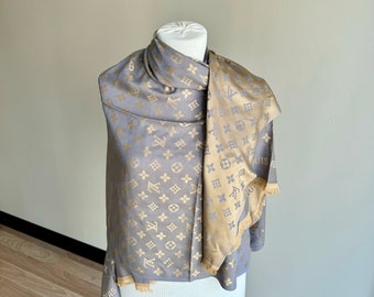 Vintage Lv Monogram Silk Scarf , Lv Silk Muffler, Vintage Gray & Gold Scarf, Lv Foulard Scarf, Women Scarf Gift for Her!