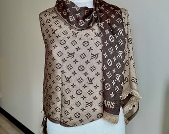 Vintage Lv Monogram Silk Scarf , Lv Silk Muffler, Vintage  Brown & Beige Scarf, Lv Foulard Scarf, Lv Scarf Gift for Her!