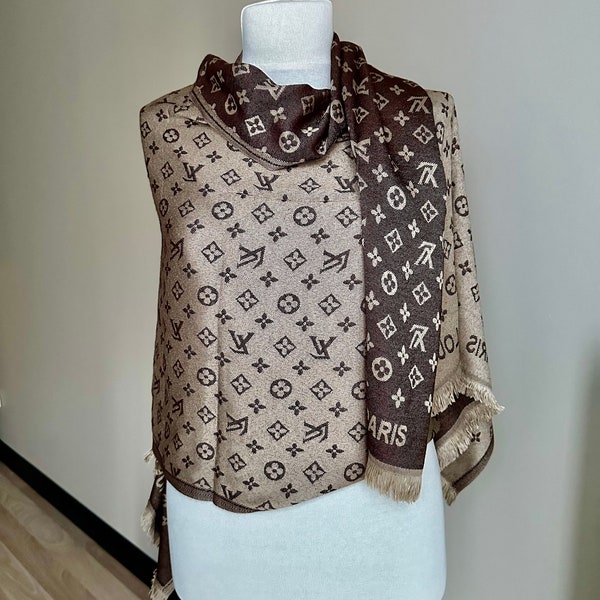 Vintage Lv Monogram Silk Scarf , Lv Silk Muffler, Vintage  Brown & Beige Scarf, Lv Foulard Scarf, Lv Scarf Gift for Her!