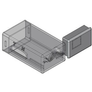 May include: Isometric view of a gray rectangular box with a separate, smaller rectangular component. The box has a transparent appearance, revealing internal details and a series of wires. The design is a technical illustration.