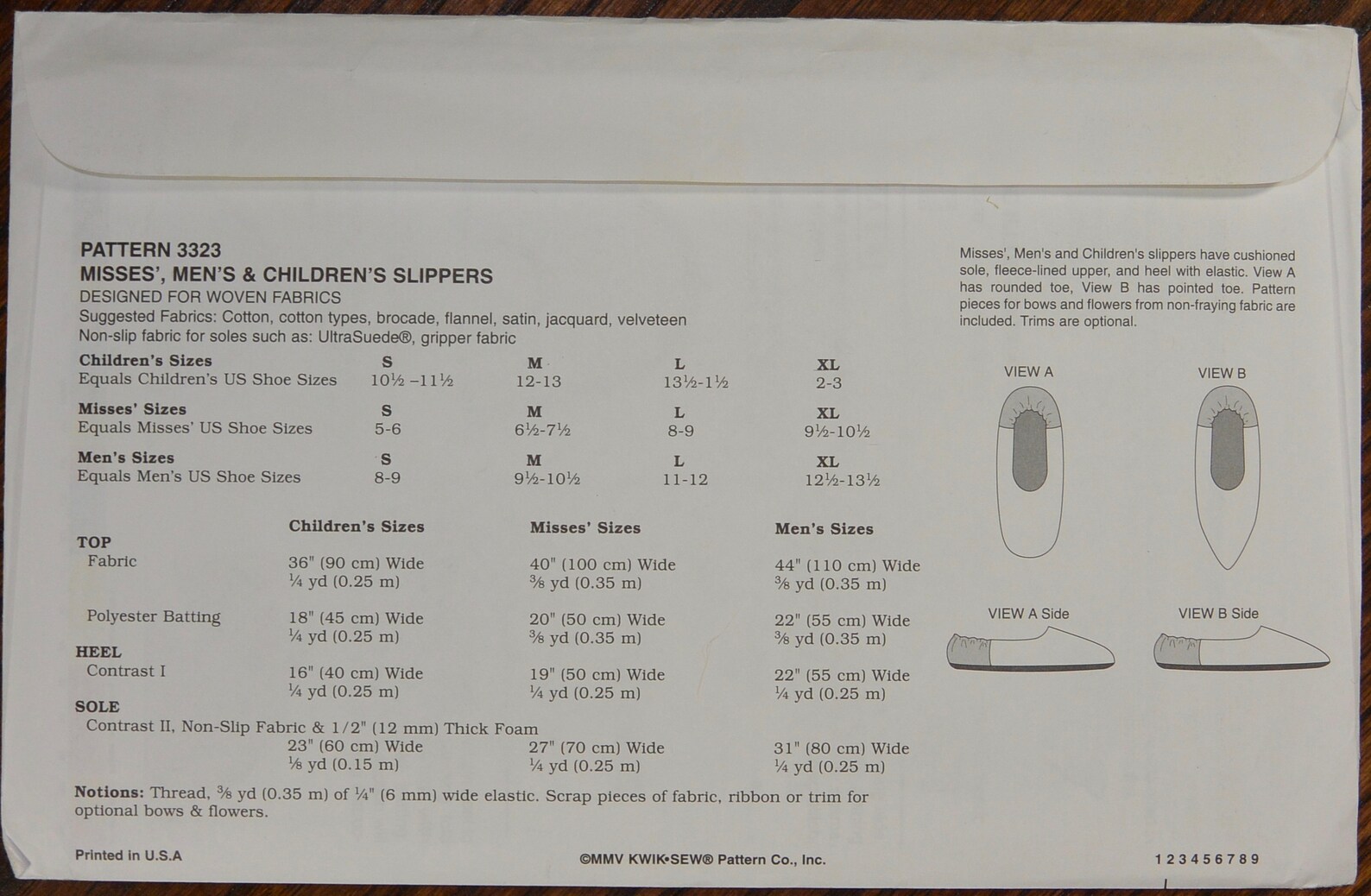 misses or mens slippers sewing pattern - ballet flats sewing pattern -craft sewing pattern - kwik sew 3323