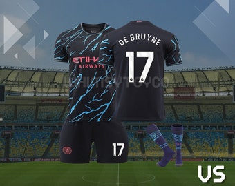 2023/2024 Manchester City tweede uitvoetbalshirt，#17 De Bruyne，#10 Grealish, voetbalpak voor kinderen，Gepersonaliseerde trui