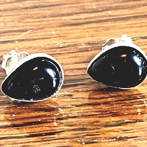 Apache Tears Obsidian earrings studs 8x6 pear teardrop 925 Sterling silver is solid. - Solace, comfort in sorrow, grief or distress