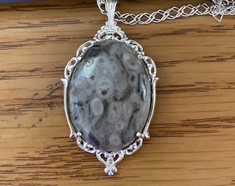 Orbicular Jasper Pendant-in Solid Sterling Silver. Hand Made in USA by me.22x30mm gray beauty w pale lavender undertones - yin/yang energies