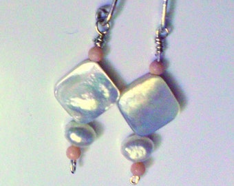 Pearls, Pink Coral, Shell drop earrings solid Sterling silver, hook or lever-back,  entirely made in USA by me -Ethical, Feminine, June
