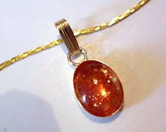 Sunstone pendant necklace 14k/20 Gold Filled chain and setting. 10x8mm genuine Orange Shiller w Sparklie sprinkles -Creativity & Energy
