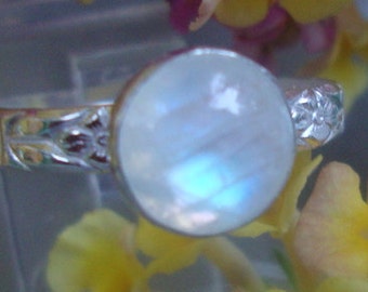 Rainbow Moonstone Ring Simple blue feminine in eco-friendly sterling silver recycle - Custom Made in your Size - 7mm Everyday engagement joy