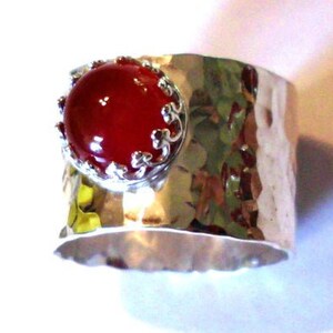 Carnelian Ring Wide hammered sterling silver Custom Made in USA - Rust Brick red natural stone of Courage/Leadership Celtic fav Men/Women