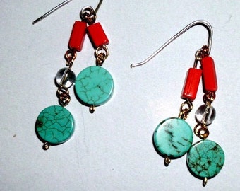 Earrings Coral, Turquoise, Rock Crystal, and solid sterling silver with a touch of Copper - 2", 3" or one of each