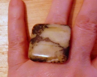 Silver Ring Big Square Scenic natural stone - 30mm 1.15" pale green with brown & black- sterling silver- READY To SHIP size 6.5 - 7