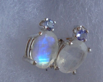 Rainbow Moonstone Earrings or Pendant  7x5mm, 1 ct,  faceted oval with Tanzanite ethical - sterling silver June birthstone - made in USA