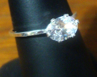 Ring - Simple Sparkle cz oval 7x5mm eco-friendly sterling silver from recycled sources & manmade white stone- Custom Made in your Size April