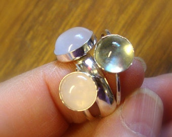 Two Ring set or singles Green moonstone, Rose chalcedony 8mm in eco friendly recycled sterling silver -Size 3.25 Ready to Mail NOW-