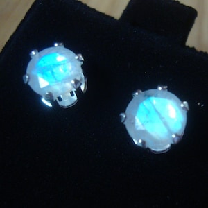 Rainbow Moonstone Earrings Amazing Blue 7mm 3.7ct n prongs Simple post studs- natural, eco-friendly recycled sterling silver June Birthstone