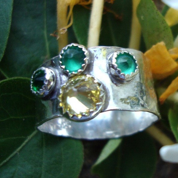 Citrine With fine lab emeralds -  Thumb Ring - wide sterling silver - custom made in USA by me