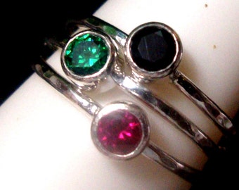 Rings Africa Set OF 3 tube bezel set 4mm Red, Green & Black- Ethical sterling silver  PEACE Custom made in USA by me -Black Lives Matter