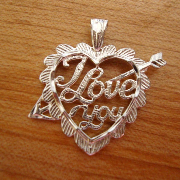 I love you Heart - sterling silver pendant and chain - necklace - One inch diameter