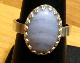 Arthritis Ring Blue Lace Agate on sterling silver band that opens slightly to clear knuckle Custom made by me in USA 14x10 in crown setting