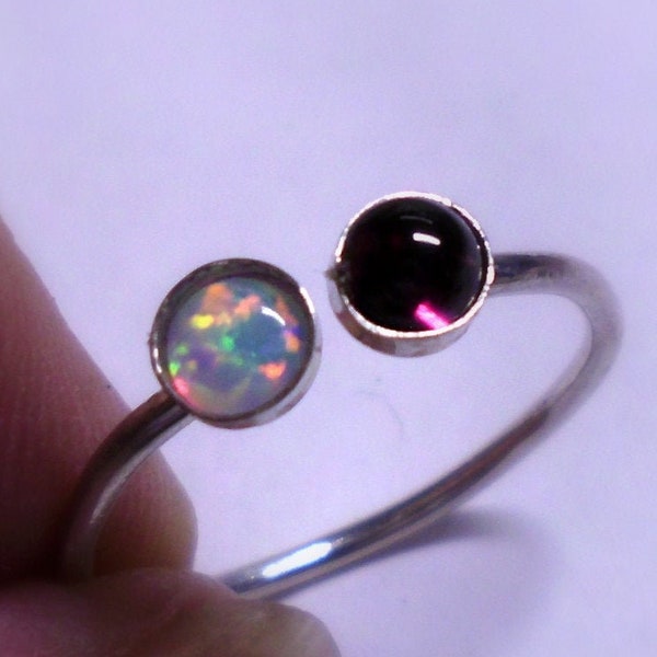 Open Ring opal and  Garnet in Eco Friendly solid sterling silver, Simple, ethical, minimal  adjustable size - 4mm stacker Made in USA by me