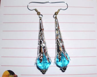 Swiss Blue glass earrings, drops 2 inches, 12mm bead,  Silver plated cones - choice of hooks Surgical steel or Solid silver