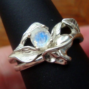 Wedding ring set with Rainbow Moonstone in eco friendly sterling silver  Custom Made in USA -your Size -Two rings- nature Leaf Fae & Lily