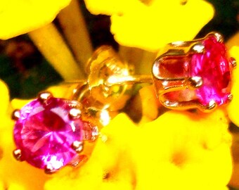 Earrings  Pink Sapphire 4mm posts studs - eco-friendly reclaimed/recycled 14k gold filled and lab grown sapphires USA*
