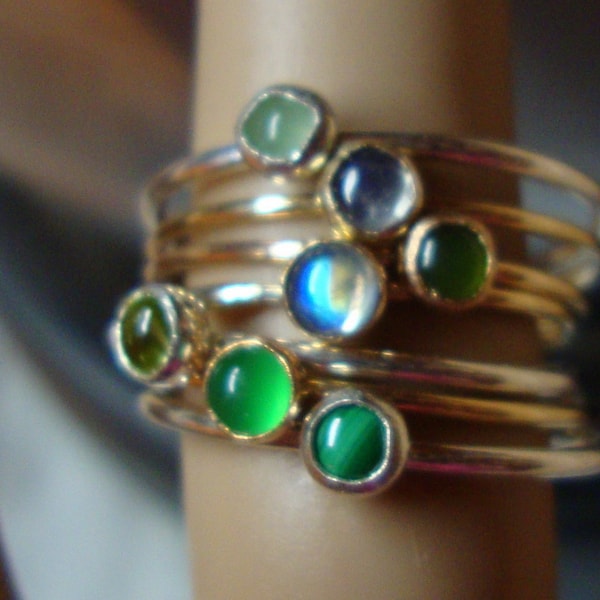 Ring stack of 7 Green natural skinny 3mm Rainbow moonstone, aventurine,Jade, Peridot, Malachite, chalcedony -Ready to Mail size 5.5 to 6