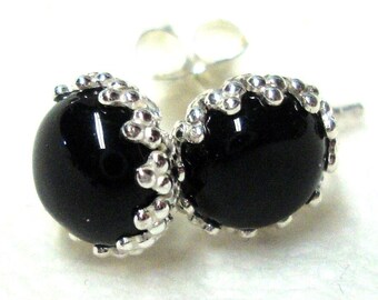Earrings Black Onyx in fancy eco friendly sterling silver - Dressy post earrings -  protection handmade USA *
