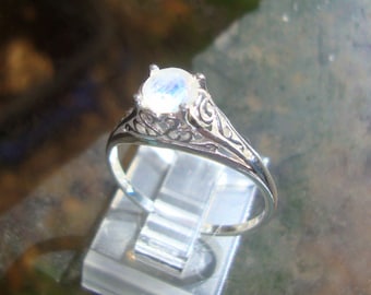 Rainbow Moonstone Ring VALERIE filigree Ring eco-friendly sterling silver with Fair Trade  Custom Made  in USA in your Size