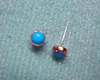 Post earrings -Blue Turquoise - copper bezel cups on eco friendly recycled sterling silver posts & clutches -Sim Sleeping Beauty - 5mm