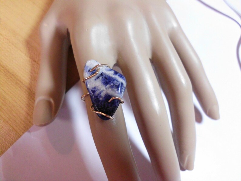 Minimal simple brutalist Blue n white Raw Sodalite set in Gold filled claws Size 6 READY To Mail 15x25mm Only one like it ever