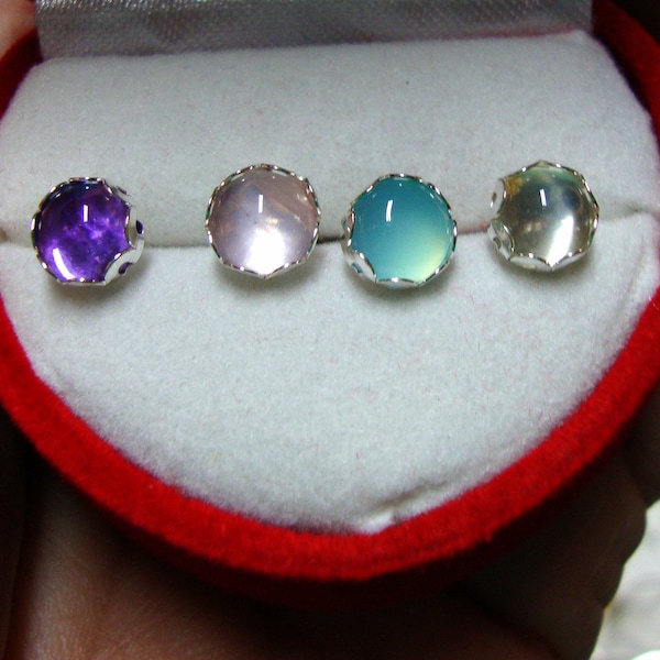 4 pair Earrings posts studs bezel set 6mm - eco friendly sterling silver Green Moonstone, Blue & Pink Chalcedony,amethyst- Made by me in USA