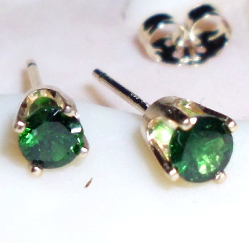 14k gold Earrings Tsavorite .25ct posts studs plain/threaded eco-friendly ethical solid 14k yellow gold 3mm Fine green Tsavorite garnet image 1