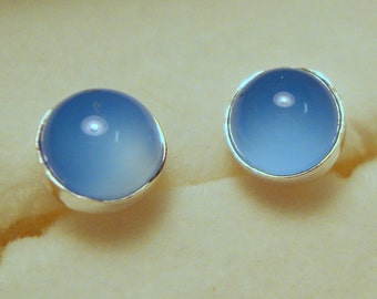 Earrings Blue Chalcedony 6mm  posts studs bezel set - eco friendly sterling silver from recycled sources - Cool Ethereal Purity