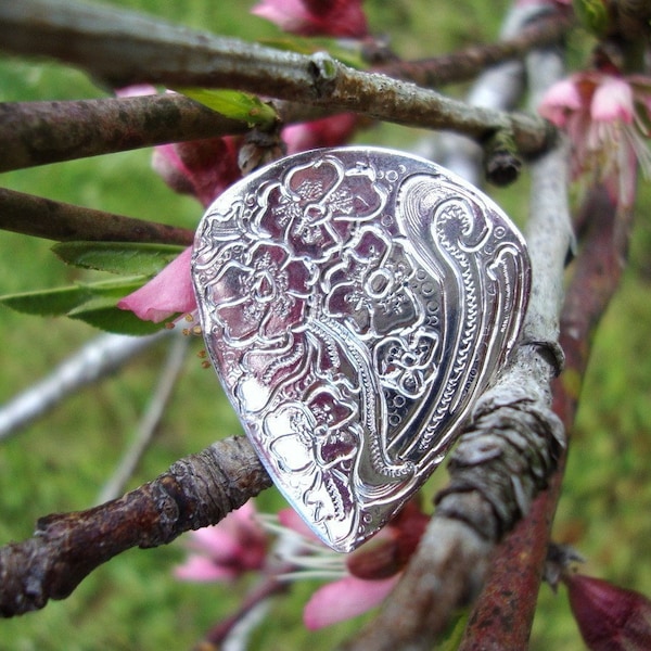 Garden of music - Unique hand cut/engraved guitar pick  - 925 sterling silver eco-friendly from recycled sources - OOAK or you design it