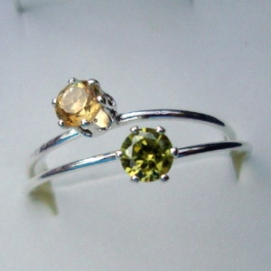 2 Rings Citrine and olivine peridot -4mm prong set in  eco-friendly sterling silver - 2-stack Custom Made in your Size