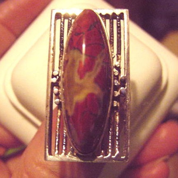 Unique Art Deco Style ring - eco friendly recycled sterling silver - size 6  hand made OOAK red n white 18x34 mm Brecciated agate of Africa