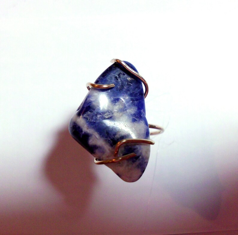 Minimal simple brutalist Blue n white Raw Sodalite set in Gold filled claws Size 6 READY To Mail 15x25mm Only one like it ever