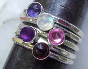 5 Ring Fun Stack  choice of stones - eco-friendly sterling silver extra durable- Custom Made in your Size