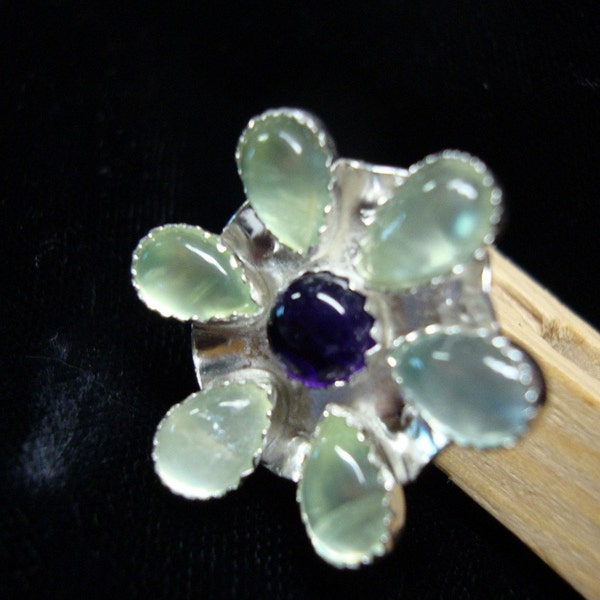 Ring Sweet Spring Rain Flower - Prehnite & Amethyst in 1 inch Sterling silver adjustable SRA